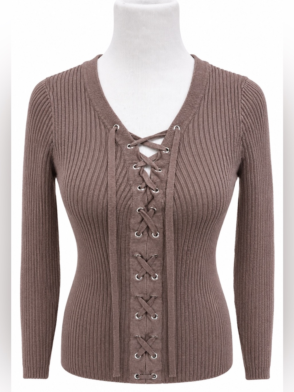 Guess Ribbed Lace-Up V-Neck Sweater - Taupe Brown Large